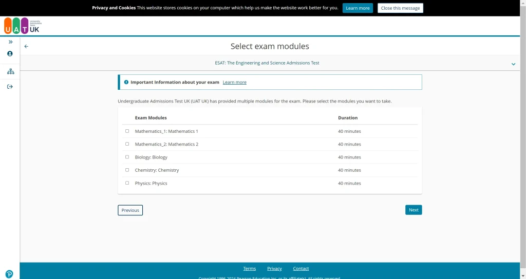 ESAT Registration Guide - Select the tests - 3