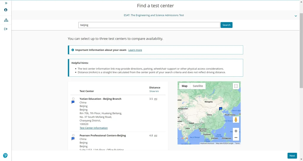 ESAT & TMUA Registration Guide - Choose the test centre - 5