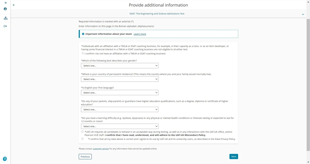 ESAT & TMUA Registration Guide - Provide additional information - 4